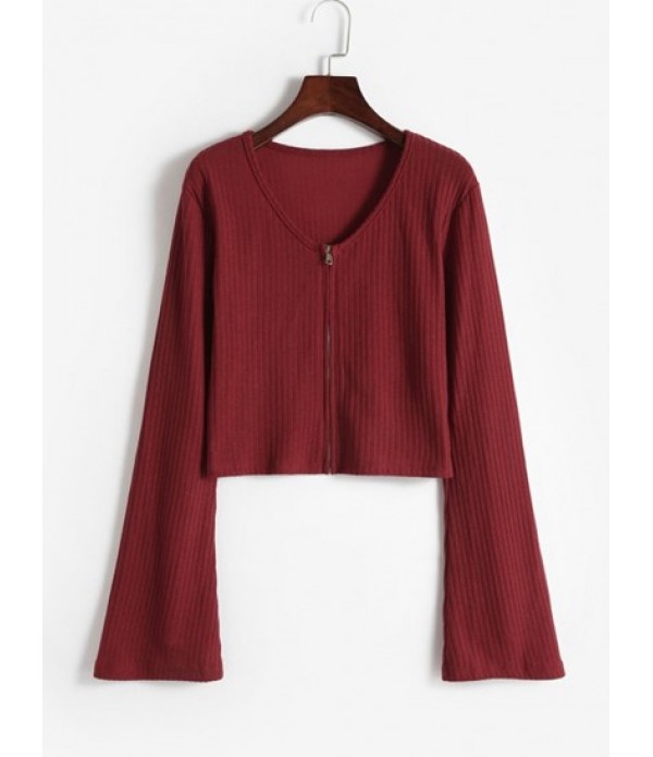 Ribbed Bell Sleeve Zip Up Cardigan With Straight Pants Set
