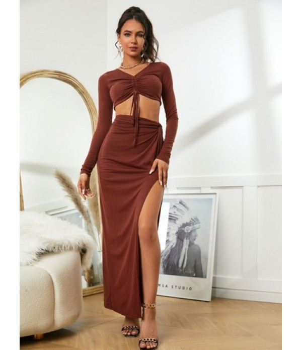 Cinched Front Twisted Thigh Slit Skirt Set