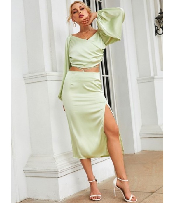 Silky Crossover Smocked Milkmaid Top And Thigh Split Midi Skirt Set Silky Crossover Smocked Milkmaid Top And Thigh Split Midi Skirt Set