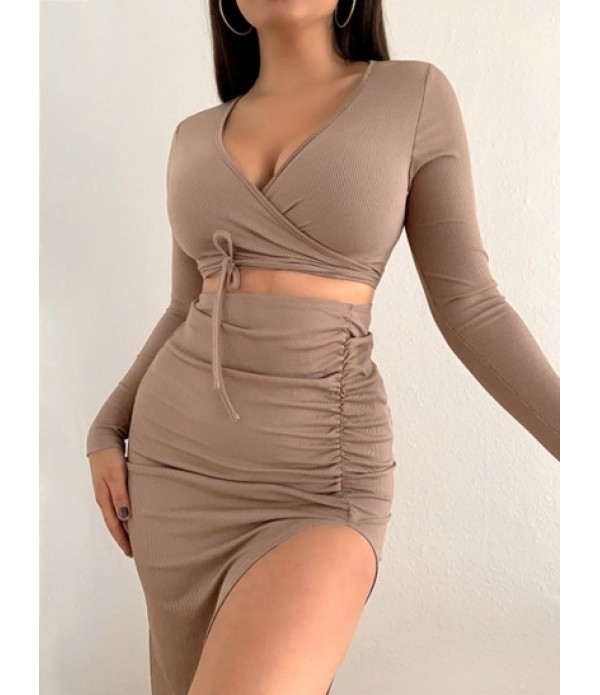 Plunge Midriff Flossing Tee And Ruched High Slit Skirt Co Ord Set