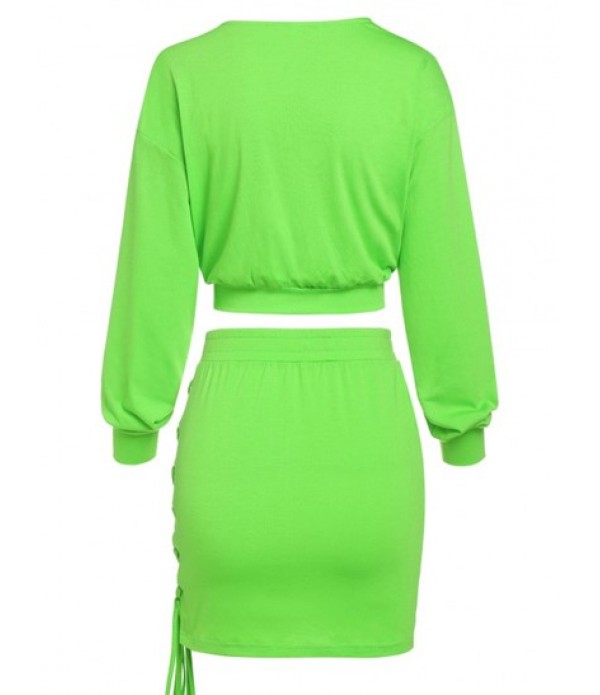 Cropped Bright Color Lace Up Sweatshirt And Skirt Set