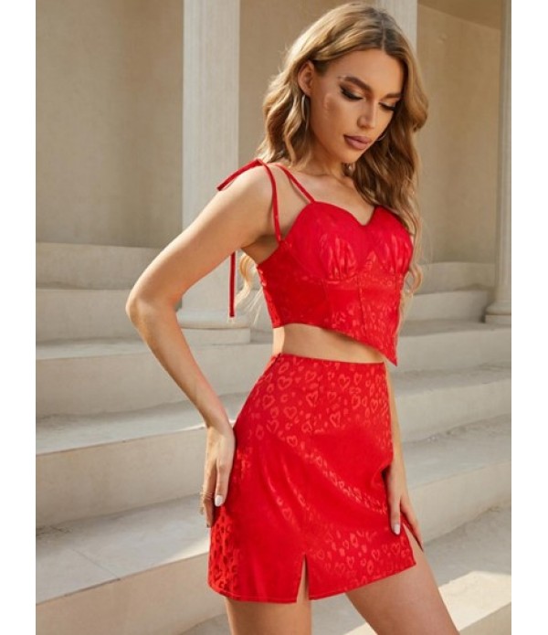 Heart Leopard Jacquard Tie Shoulder Scarf Hem Two Piece Dress