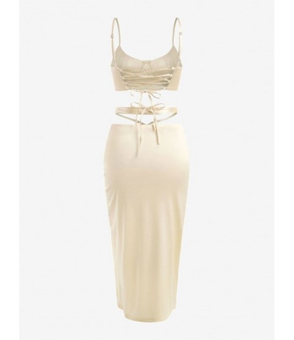 Sheeny Lace-up Bustier Top And Midriff Flossing Slit Skirt Set Sheeny Lace-up Bustier Top And Midriff Flossing Slit Skirt Set