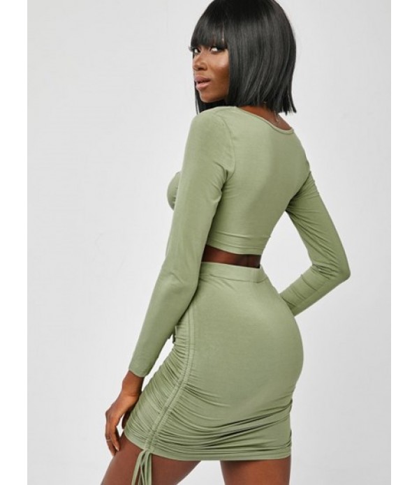 Knot Long Sleeve Crop Top And Ruched Slinky Skirt Set