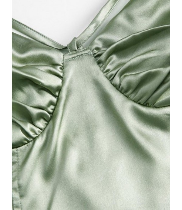 Satin Smocked Ruched Cupped Crop Camisole And Knotted Thigh High Slit Asymmetric Midi Skirt Set Satin Smocked Ruched Cupped Crop Camisole And Knotted Thigh High Slit Asymmetric Midi Skirt Set