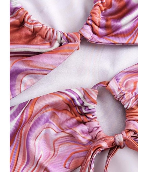 Open Back Cut Out Cinched Psychedelic Swirl Marble Printed Tank Top And Midi Skirt Set
