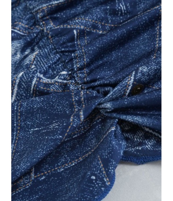 Trompe L'oeil Denim Print Lace Decor Top And Ripped Side Skirt Set Trompe L'oeil Denim Print Lace Decor Top And Ripped Side Skirt Set