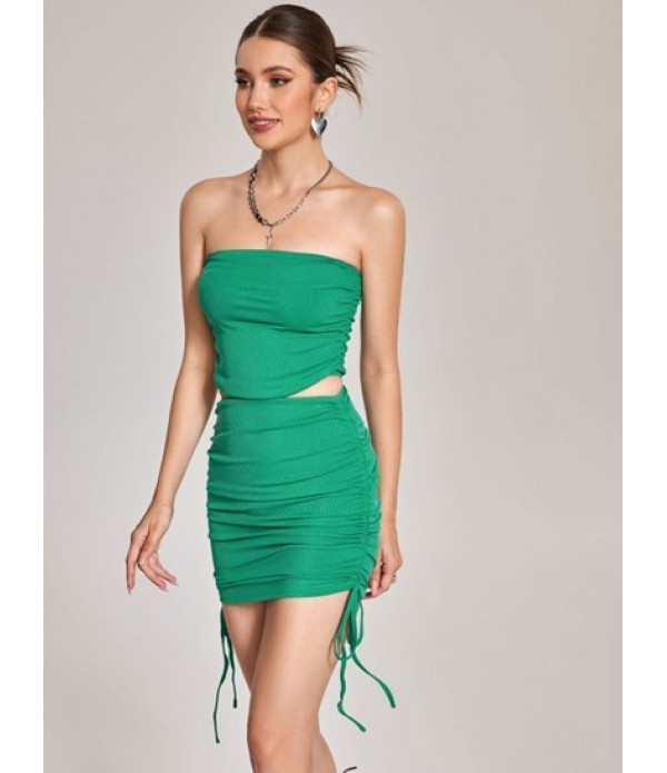 Ribbed Bandeau Cinched Mini Bodycon Skirt Set