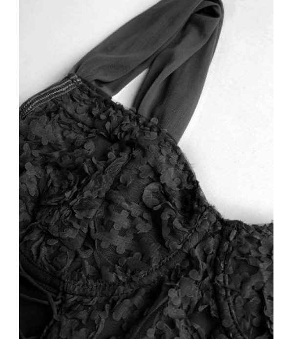 Underwire Sheer Mesh Floral Applique Lace Up Corset-style Tank Top And Mini Tie Side Skirt Set Underwire Sheer Mesh Floral Applique Lace Up Corset-style Tank Top And Mini Tie Side Skirt Set