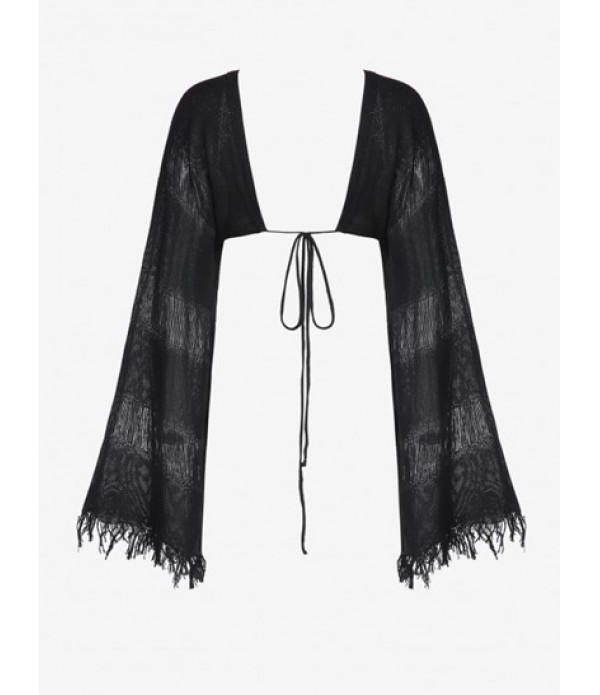 Distressed Strappy Knitted Two Piece Dress Tassels Detachable Kimono Sleeves Top With Mini Skirt